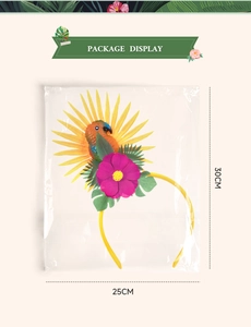 Verpackungsansicht der tropischen LED-Papageien-Haarreif mit Maßen von 30 cm Höhe und 25 cm Breite