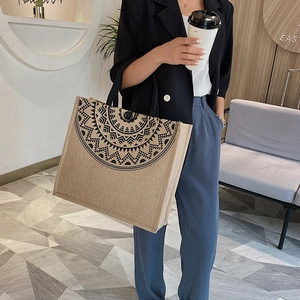 Bohemian large linen tote bag with black mandala pattern and woven rope handles