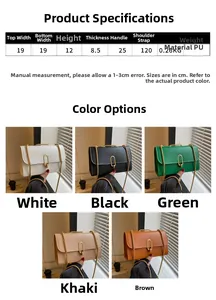 Detailed size chart for chain crossbody bag showing dimensions 19x12x8.5 cm and PU material