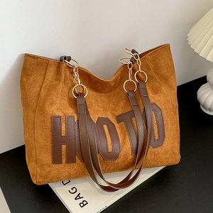 Women Large Capacity Woolen Tote Bag With Letter Print Fashion PU Leather Chain Shoulder Bag Casual Handbag For Daily Use