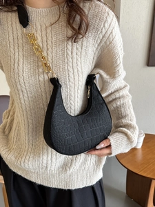 Fashionable black faux crocodile shoulder bag with gold chain strap for women