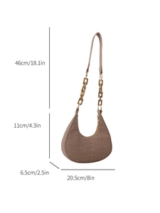 Brown half-moon underarm bag in crocodile texture with detailed size measurements