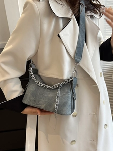 Minimalist grey-blue denim texture underarm bag with stylish silver metal chain strap