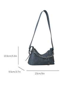 Blue denim fabric underarm bag with silver chain and size dimensions 23x13.5x9.5 cm
