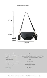 Detailed size chart for black PU leather saddle bag with 100cm adjustable strap and dimensions