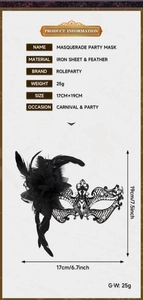 Detailed view of black vintage masquerade mask with feathers and rhinestones including dimensions