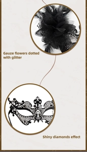 Detail of masquerade mask featuring black feathers, gauze flowers and shiny diamonds