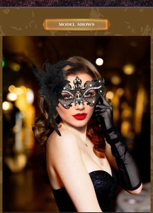 Detail of black lace mask with feathers and rhinestones paired with long mesh gloves