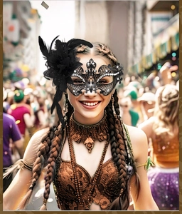 Detail of black masquerade mask with intricate cutouts, rhinestones and black feathers