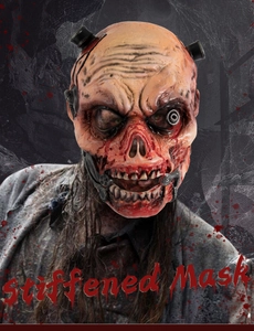 Detail of a realistic zombie mask with decaying skin texture and mechanical eye features
