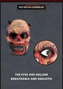 Detailed close-up showing realistic blood stains and mechanical parts on the zombie mask