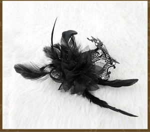 Detailed view of black masquerade mask with feathers, rhinestones, and mesh flower