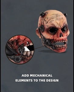 Macro view of realistic zombie horror mask with blood textures and mechanical gear details