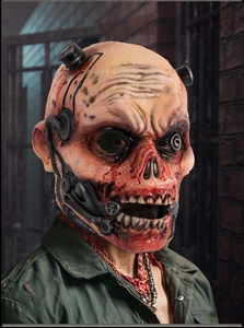 Detailed close-up of realistic zombie horror latex mask with cyberpunk mechanical parts