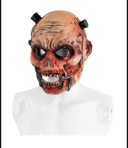 Detailed close-up of zombie latex mask with steampunk mechanical eye and exposed teeth