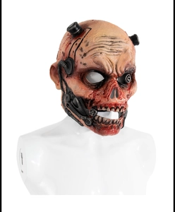 Detail of realistic zombie mechanical latex mask with exposed teeth and red tubes
