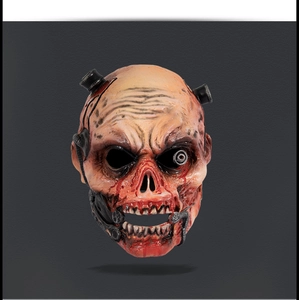 Detailed view of scary zombie mask with realistic bloody muscle textures and mechanical lenses