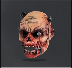 Detailed view of zombie mask featuring bloody latex texture and eye mechanical part