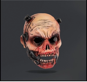 Macro shot of realistic zombie mask with cybernetic parts and decaying muscle textures