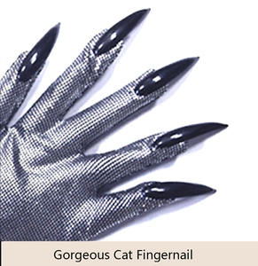 Detail of silver metallic mesh gloves with sharp black cat claws for cosplay outfits