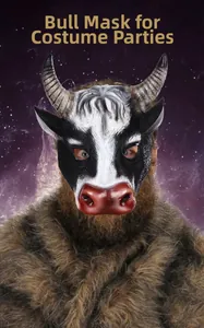 Close-up of a realistic 3D cow head mask featuring detailed black and white cow print textures