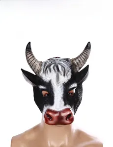 Front view of realistic 3D cow head mask for Easter parties with textured horns