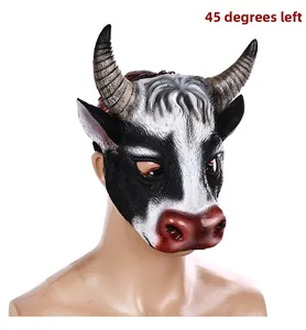 Left 45 degree angle of a realistic 3D cow animal mask with black and white patterns