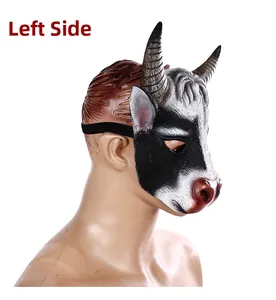 Left side view of realistic 3D foam cow mask with black spots and spiral horns