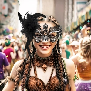 Laser cut metal masquerade mask with white rhinestones and black feathers on a model