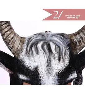 Macro view of 3D realistic cow mask showing faux fur texture and lifelike horns detail