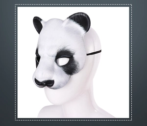 Side view of 3D realistic panda mask with elastic strap on a white model head