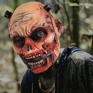 Realistic zombie horror mask with mechanical metal eyes and rotten texture for Halloween