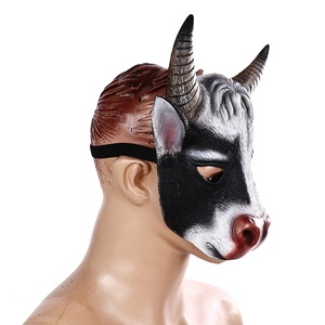3D realistic cow head half face mask with textured brown horns and black white patterns