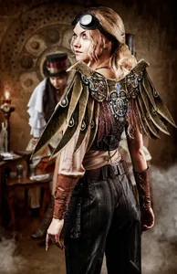 Λεπτομέρεια από steampunk φτερά με χάλκινα γρανάζια και μεταλλική υφή σε ένα μοντέλο