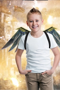 Detail of steampunk mechanical wings for kids with gear prints and elastic shoulder straps
