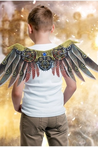 Detail of steampunk wings featuring antique gears and a blue gemstone for cosplay