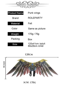 Detailed size chart of steampunk punk wings for adults and kids with felt texture