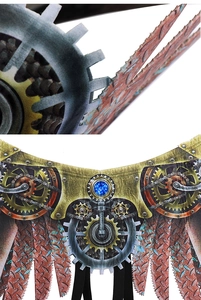 Detail of steampunk blade wings featuring mechanical gear prints and a blue gemstone center