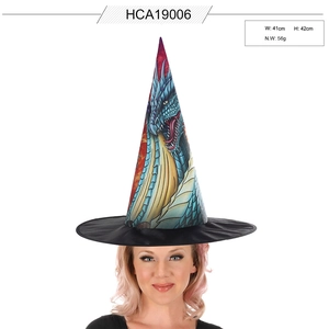 Close-up of witch hat featuring a detailed blue and yellow dragon print on black fabric