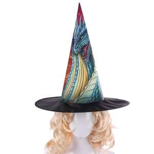 Classic black witch hat for Halloween cosplay featuring a detailed blue dragon print design
