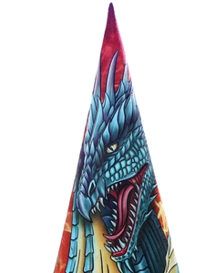 Detailed view of pointed witch hat featuring sharp blue dragon print and red accents