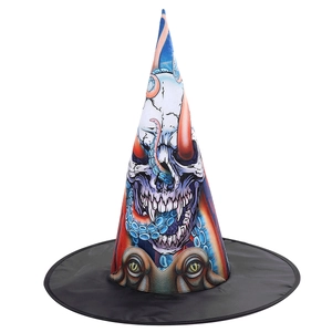 Detail showing high-quality colorful skull and octopus tentacle patterns on a witch hat