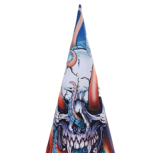 Detailed pattern of skull with red horns and octopus tentacles on a witch hat