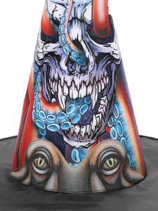 Macro detail of witch hat with skull, octopus tentacles and golden eye prints