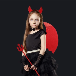 Costume da diavolo rosso per bambini con ali glitterate e cerchietto con corna rosse