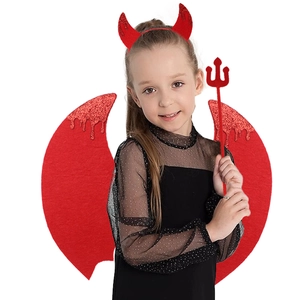 Set costume da diavolo rosso per bambini con ali glitter cerchietto corna e tridente