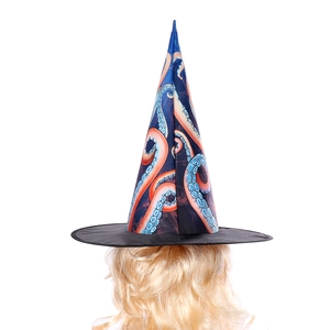 Blue pointed witch hat with orange octopus tentacle prints for Halloween cosplay parties