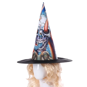 Halloween Cthulhu witch hat with skull and blue octopus tentacles on a wide brim