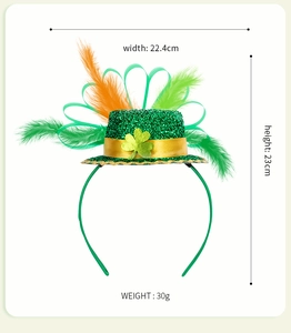 Serre-tête Saint-Patrick avec mini chapeau à paillettes, trèfle et plumes colorées