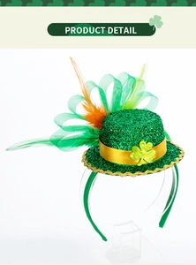 Vue détaillée du serre-tête mini chapeau pailleté Saint-Patrick avec plumes et résille